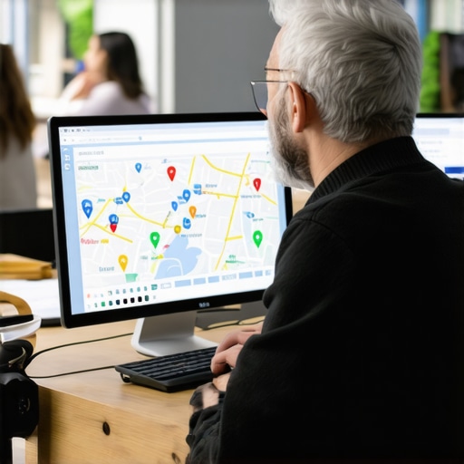 Deepening Local SEO Mastery Business owner working on local SEO strategies with community backdrop.