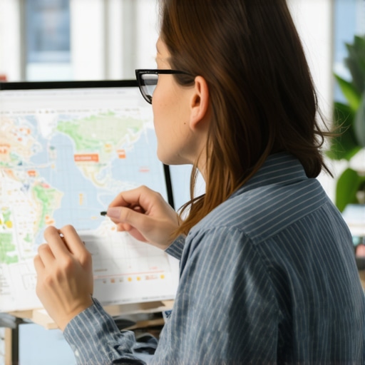 Expert Analyzing Map Optimization Strategies A professional analyzing local SEO and map ranking strategies with digital devices.