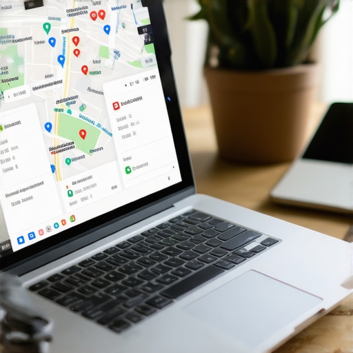 Person reviewing local SEO analytics on a laptop with Google Maps and keyword charts