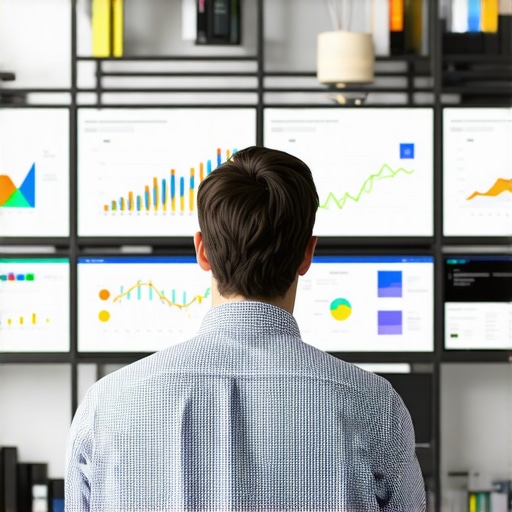 Person reviewing SEO analytics and maps on multiple screens in an office setting.