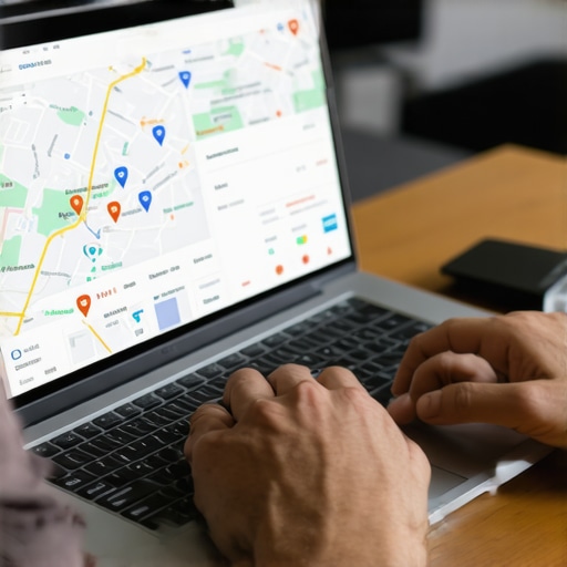 Person analyzing local SEO data on a laptop with Google Maps and charts.