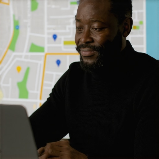 Business owner responding to customer reviews on a laptop with local map in background