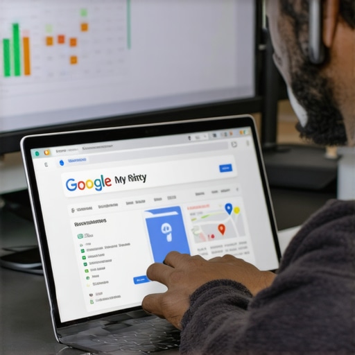 Business owner editing Google My Business profile on laptop with local SEO data in background.