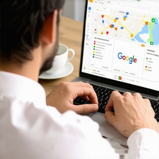 Business professional working on Google My Business profile on laptop with maps and analytics