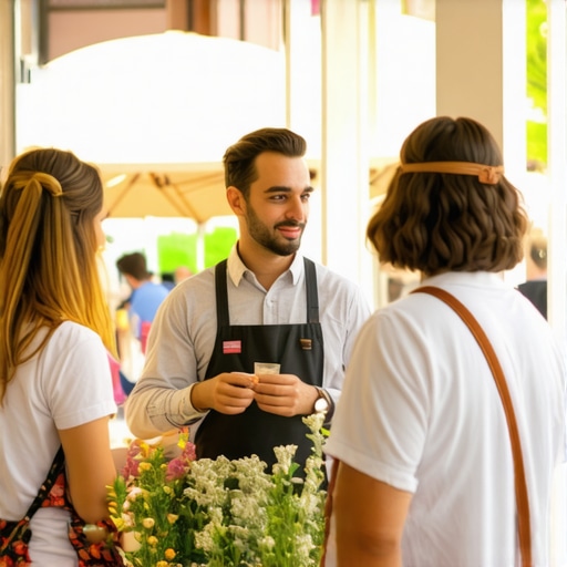 Business owner participating in a local community event, connecting with customers
