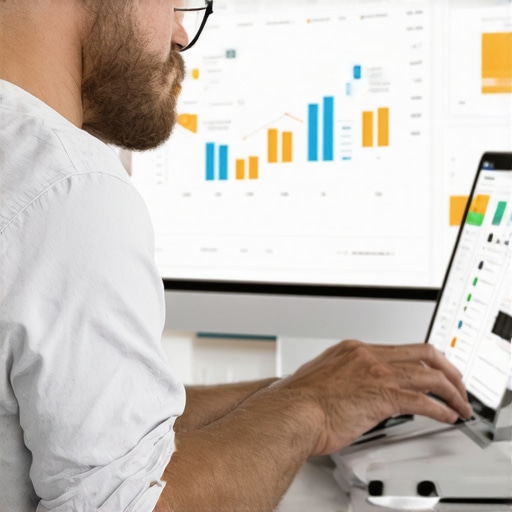 Effective Local SEO Management Tools Business owner analyzing local SEO data on a laptop with map and analytics dashboard