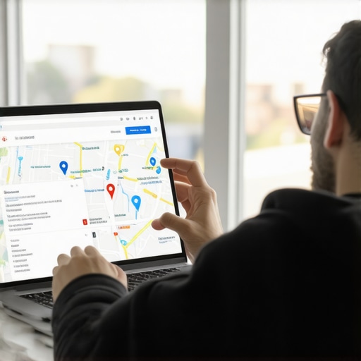 Person updating GMB profile on laptop with local map interfaces