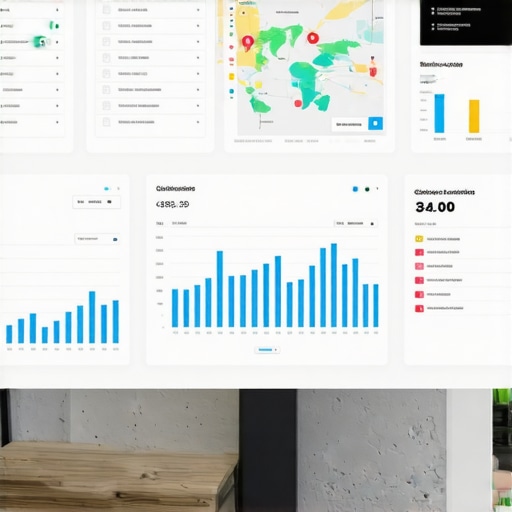 Map SEO Analytics Dashboard A person analyzing local SEO data on a digital analytics dashboard showing maps and charts.