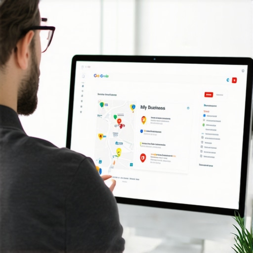 Business owner reviewing and updating Google My Business profile on laptop with maps and analytics