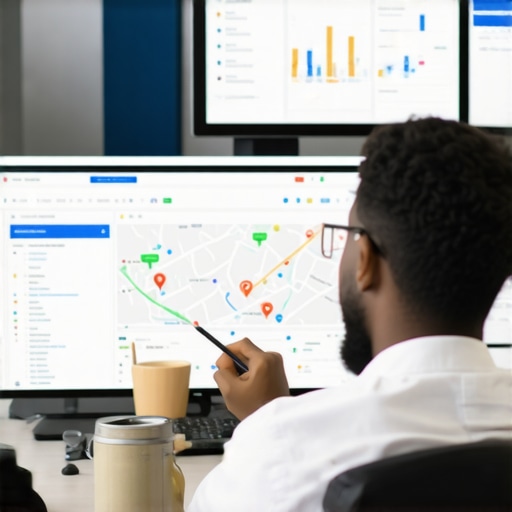 A professional analyzing local SEO data and maps with advanced tools.