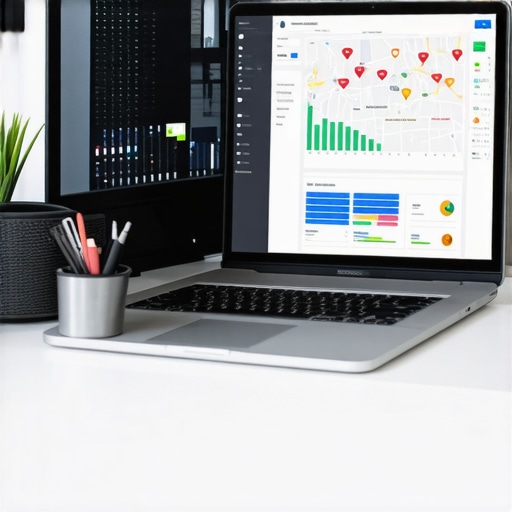 SEO Tools Workspace for Map Rank Maintenance A workspace setup with computer screens showing local SEO analytics and map ranking charts.