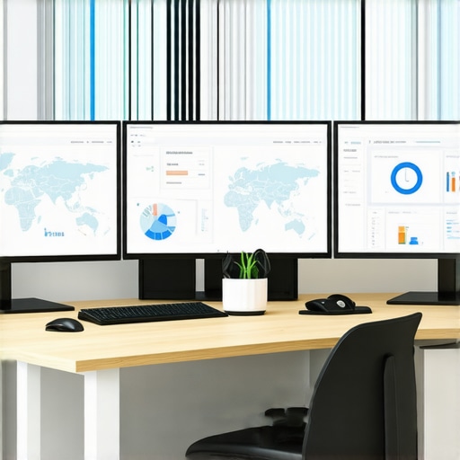 A desk setup with screens showing SEO performance and map analytics.