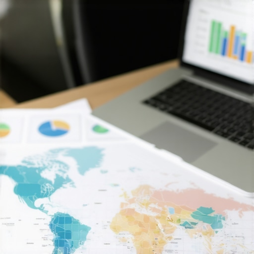 A desk with SEO analytics tools, charts, and a laptop displaying map rankings, illustrating SEO strategy maintenance.