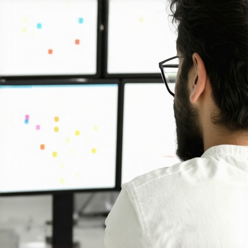 A marketer analyzing map ranking data with multiple monitors showing maps and analytics.