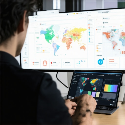 Digital marketer reviewing maps and analytics for local SEO strategy.