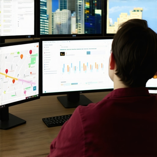 Person working on local SEO analytics with maps and graphs on screens