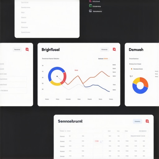Digital SEO Tools Workspace Computer screens showing BrightLocal and SEMrush dashboards with local SEO metrics