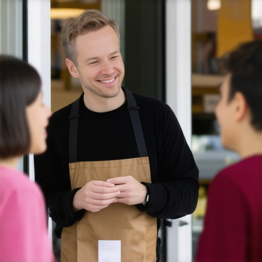 Business owner interacting with customers outside store