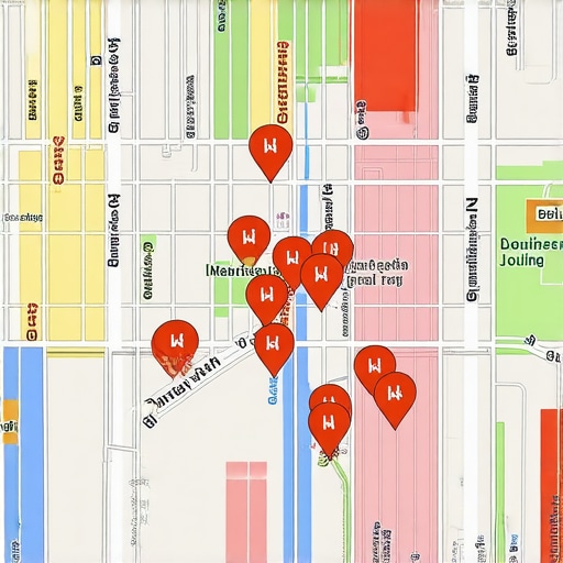 City map illustrating proximity zones with local business markers for SEO strategy