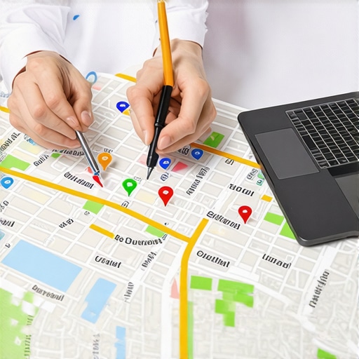 Team analyzing local SEO and map pack strategies with city map and digital devices.