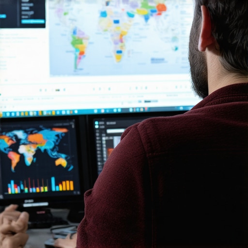 Digital marketer working on local SEO metrics on a laptop with charts and maps visible.