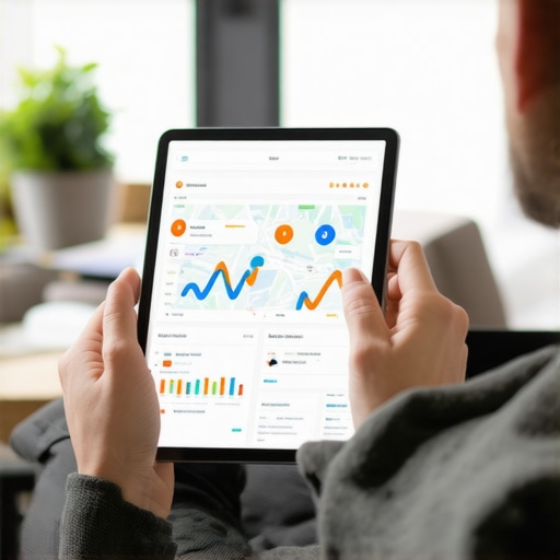 Person reviewing detailed local SEO analytics on tablet with maps and graphs.
