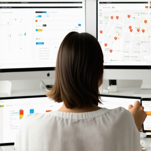 A professional reviewing local SEO analytics and maps on dual monitors.