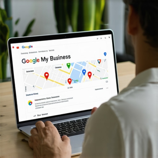 Optimizing GMB Profile for AI Filters Business owner updating GMB listing on laptop with local maps and citation documents